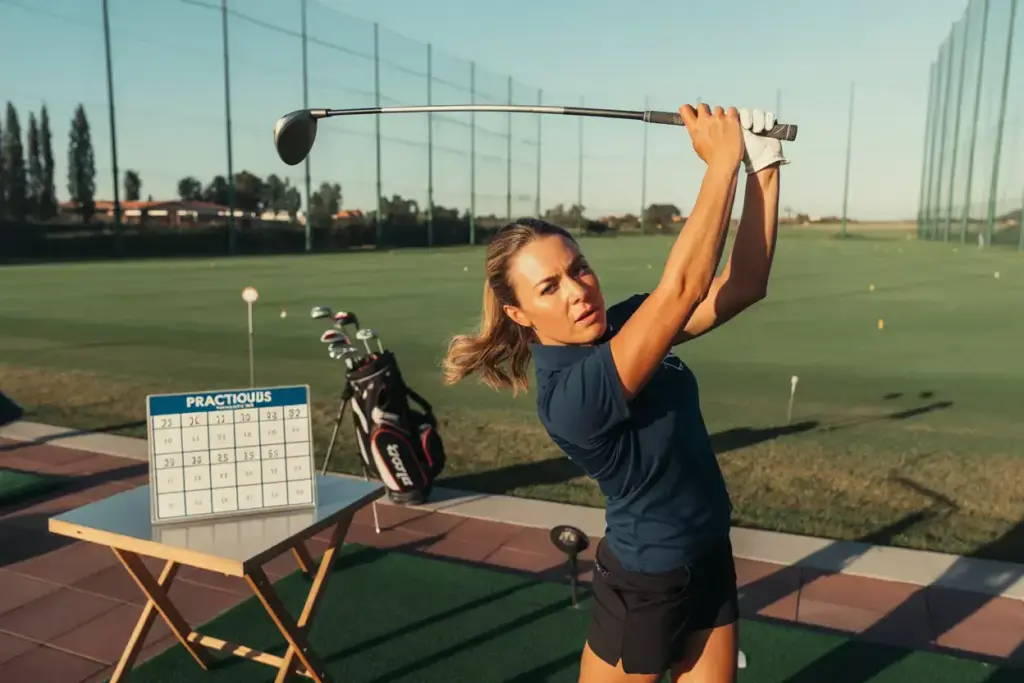 Golfer Following Practice Schedule At Driving Range With Targets And Equipment