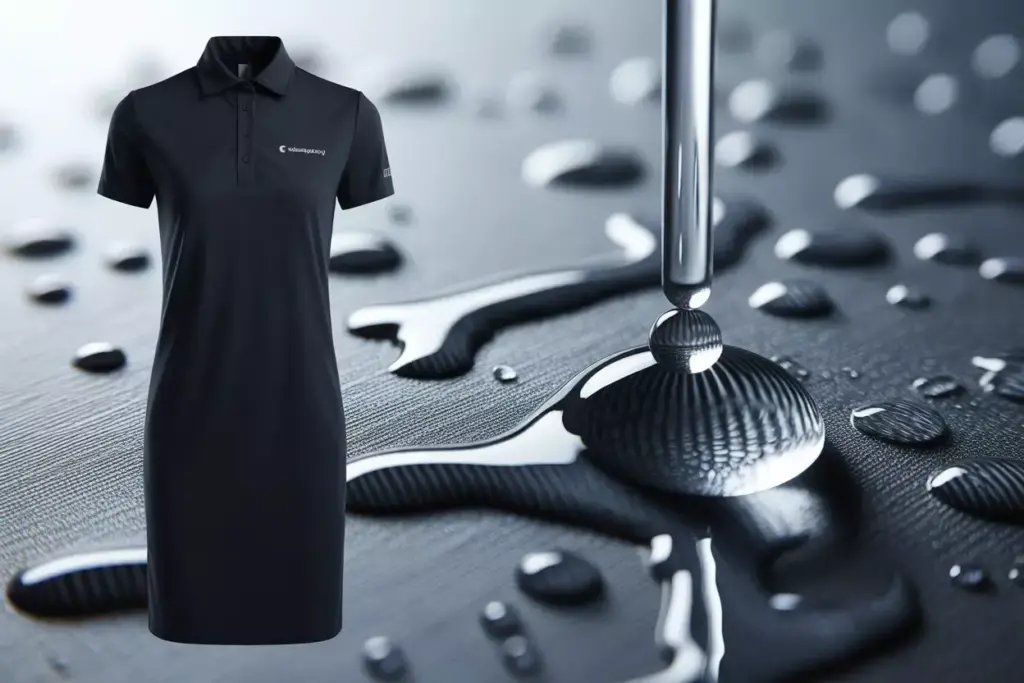 Close up black golf dress fabric beading water droplet moisture wicking