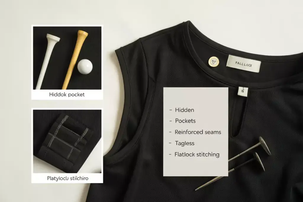 Flat lay black golf dress highlighting pocket stitching tagless features