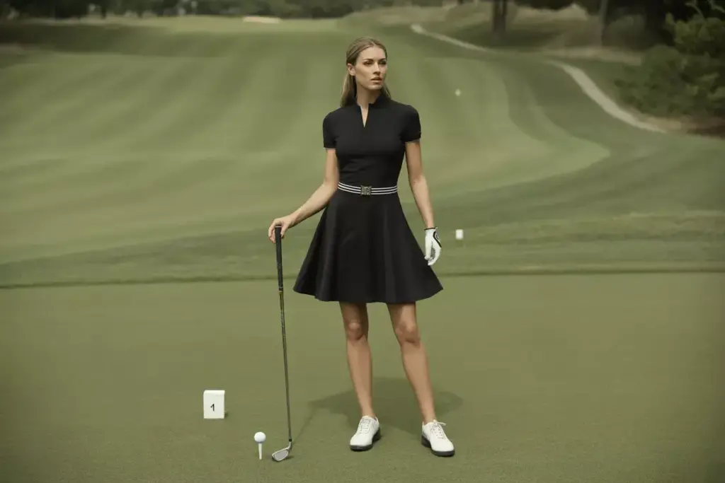 Model black a line golf dress contrasting belt first tee portrait