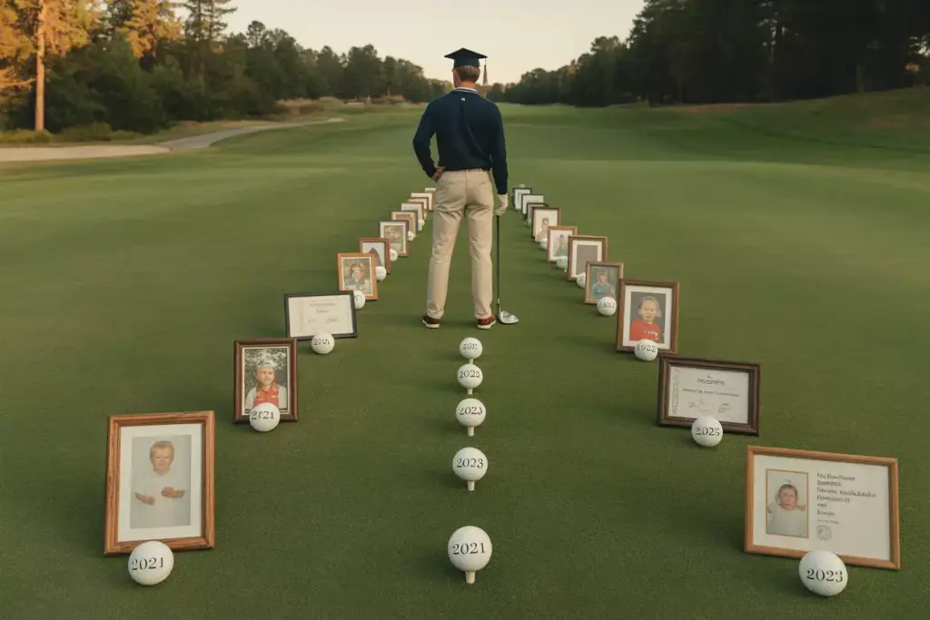 A Wide Angle Fairway Shot Of A Graduate With A Timeline Of Childhood Photos Awards And Marked Golf Balls Leading To Them At The 18th Hole