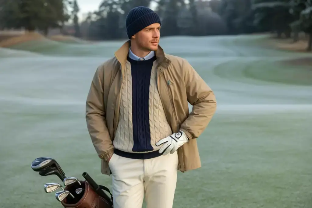 Classic Preppy Winter Golfer In Navy Cable Knit And Khaki Jacket On Frosty Tee