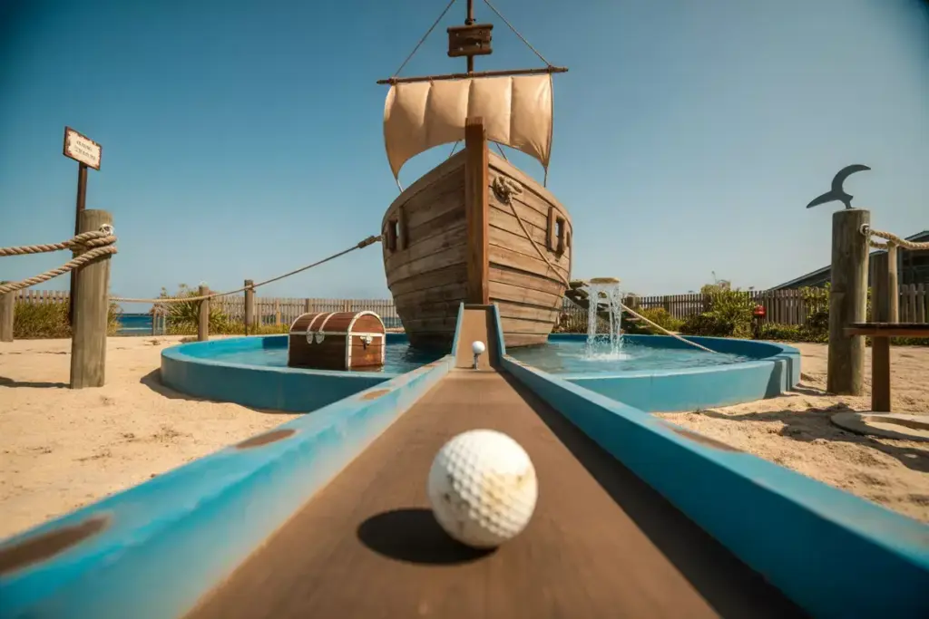 A Golf Ball Rolling Up A Ramp Onto A Weathered Pirate Ship Obstacle Near A Water Hazard