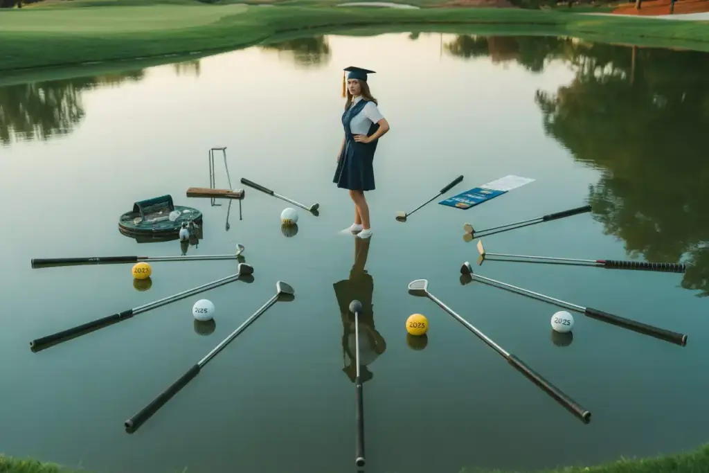 A Symmetrical Portrait Of A Graduate At A Water Hazards Edge With A Perfect Reflection Floating Golf Balls And Golf Clubs