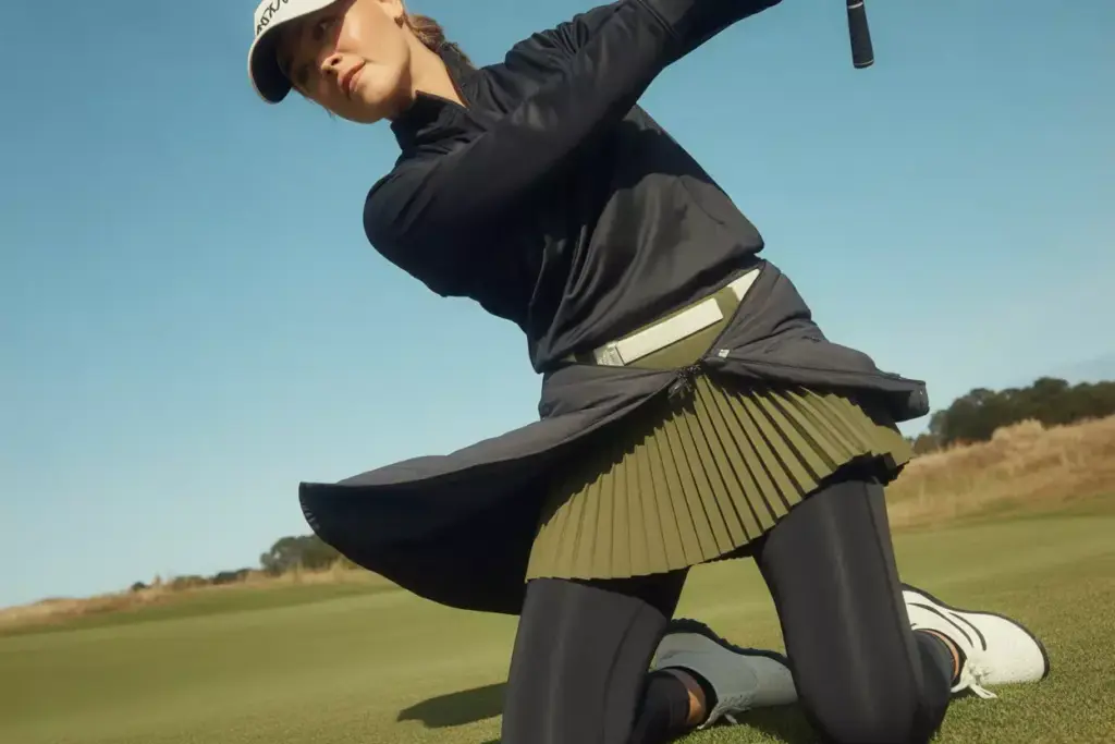 Athletic woman golf swing olive skort black quarter zip