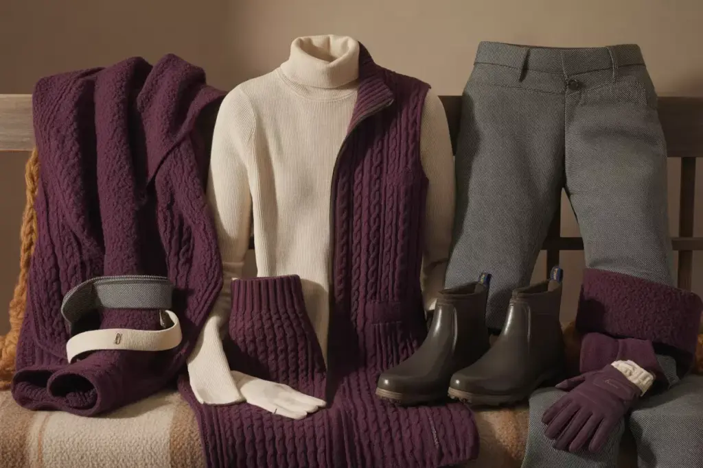 Textured fall golf outfit deep plum sweater vest ankle boots