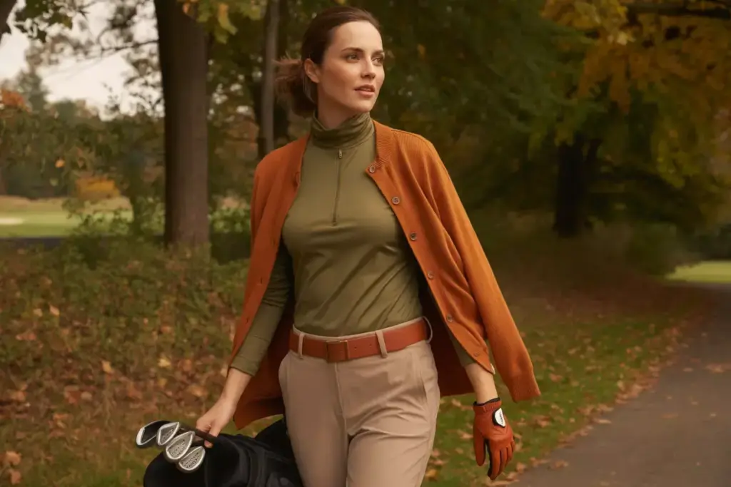 Woman autumn earth tone golf outfit foliage background