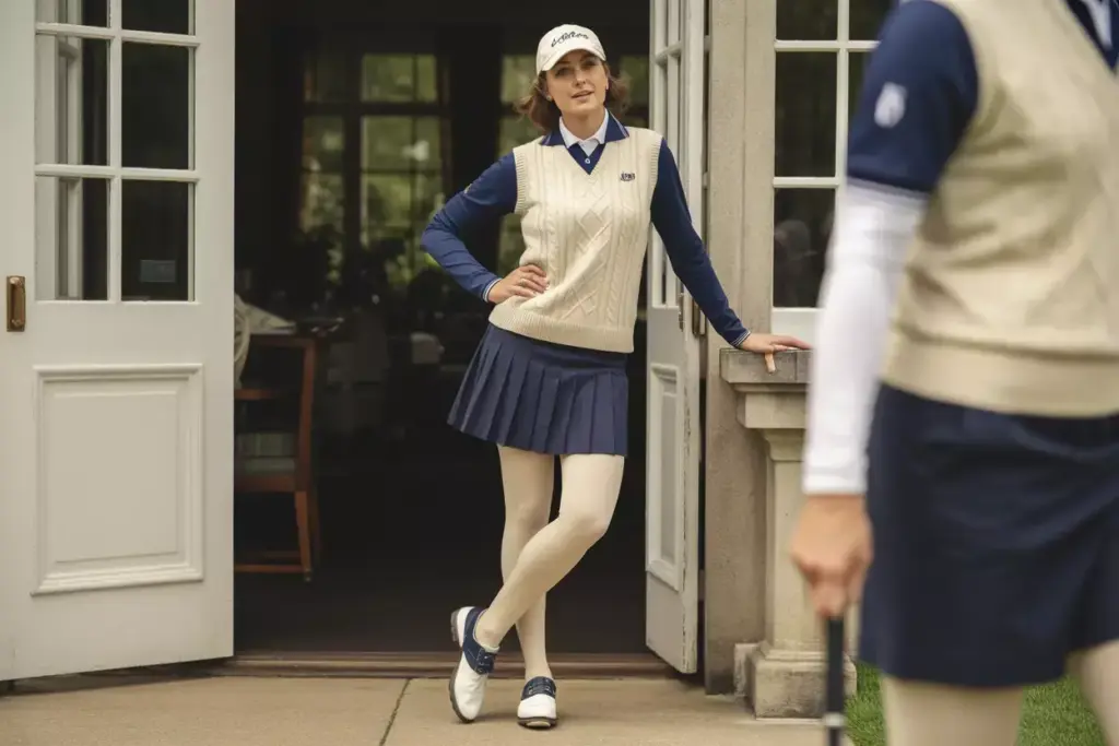 Preppy golfer navy cream outside clubhouse