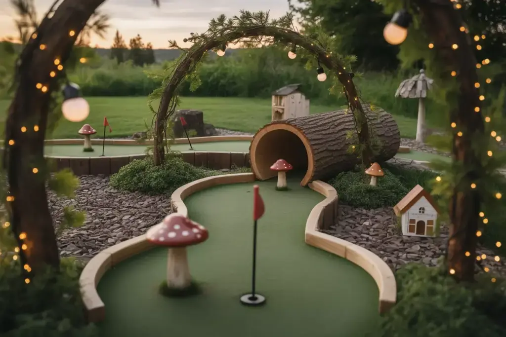 A Forest Path Mini Golf Hole With A Log Tunnel Mushrooms And Twinkling Fairy Lights