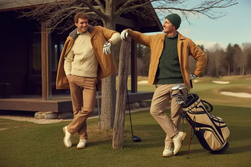 Cozy Cabin Golfer In Forest Green Chunky Knit And Tan Jacket