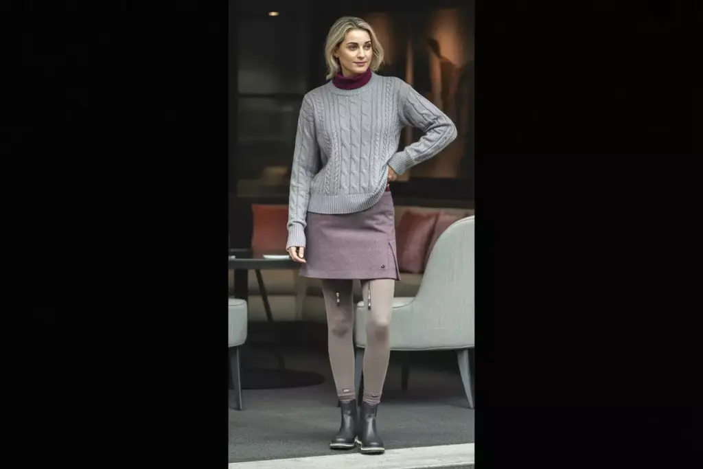 The Cozy Chic Ensemble With Cable Knit Sweater Wool Skirt And Thermal Tights