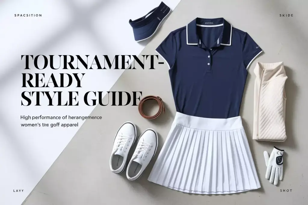 Overhead flat lay of professional womens golf wardrobe essentials