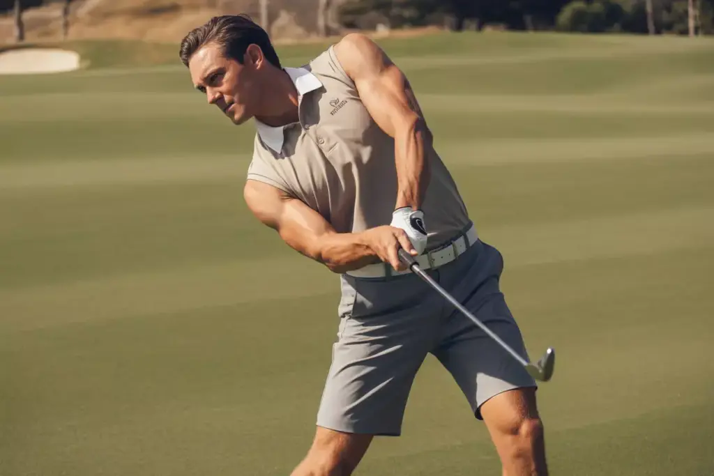Sleeveless top golf shorts swing action fairway
