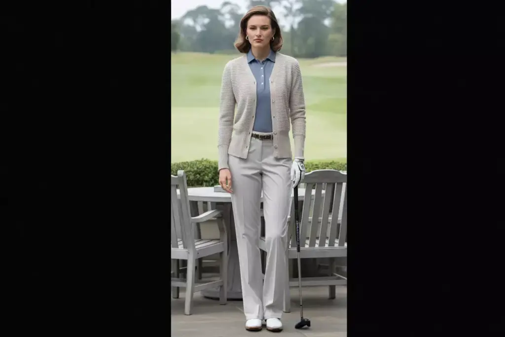 Cardigan golf pants collared shirt professional ensemble