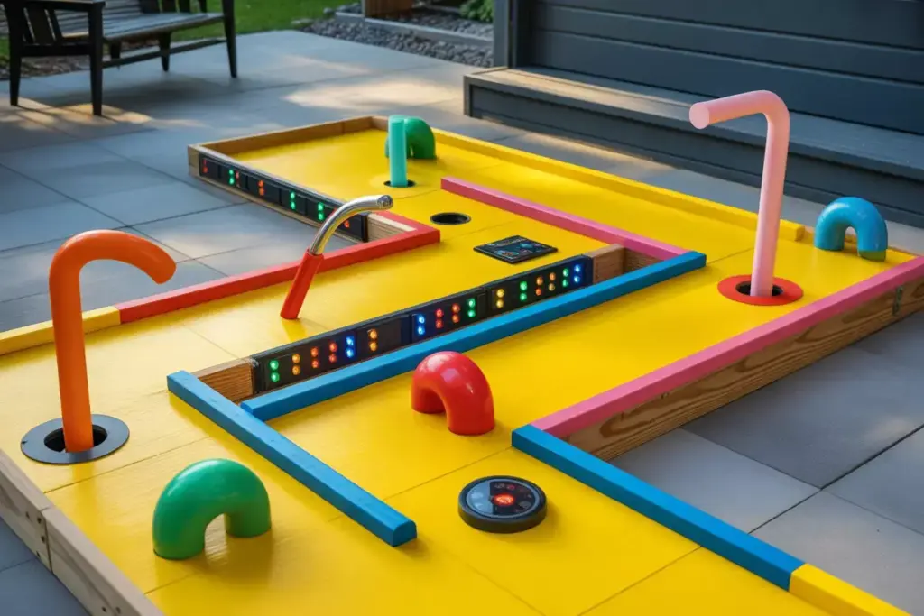 A Top Down View Of A Yellow Pac Man Maze Mini Golf Hole With Colorful Bumpers And Leds
