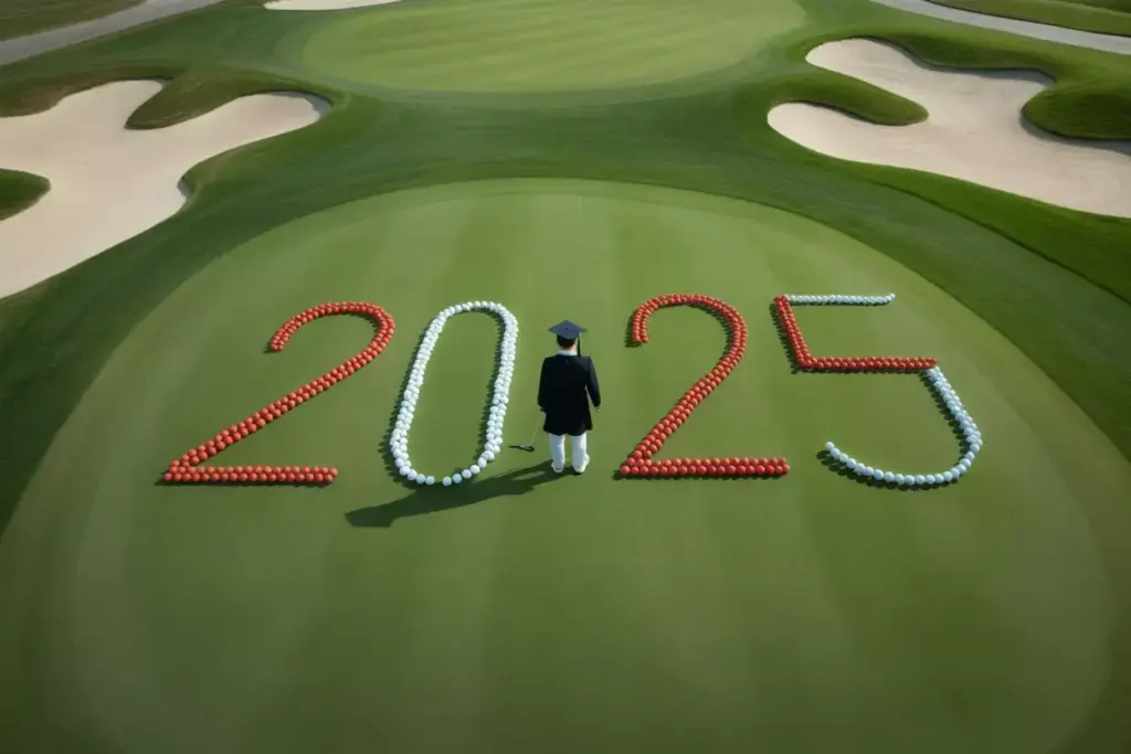 An Aerial Drone Shot Of A Graduate Centered On A Green With Golf Balls Arranged In The Shape Of Their Graduation Year