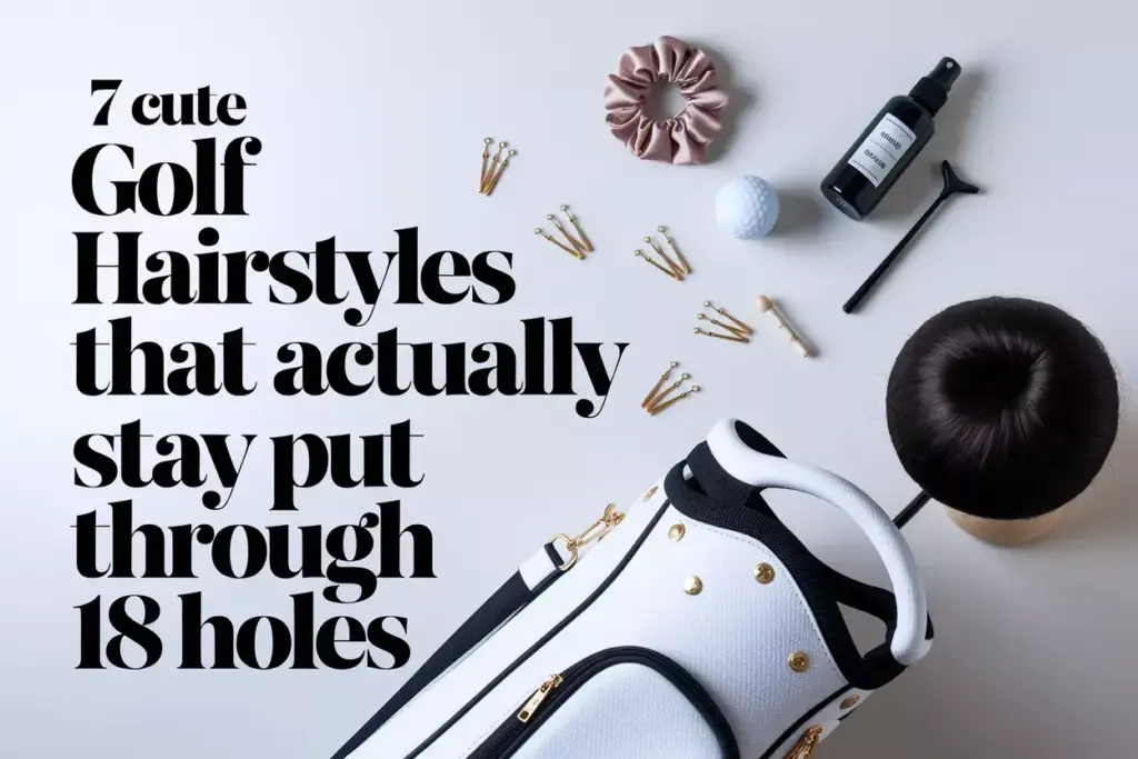 Modern golf bag flat lay with chic hair accessories and low bun