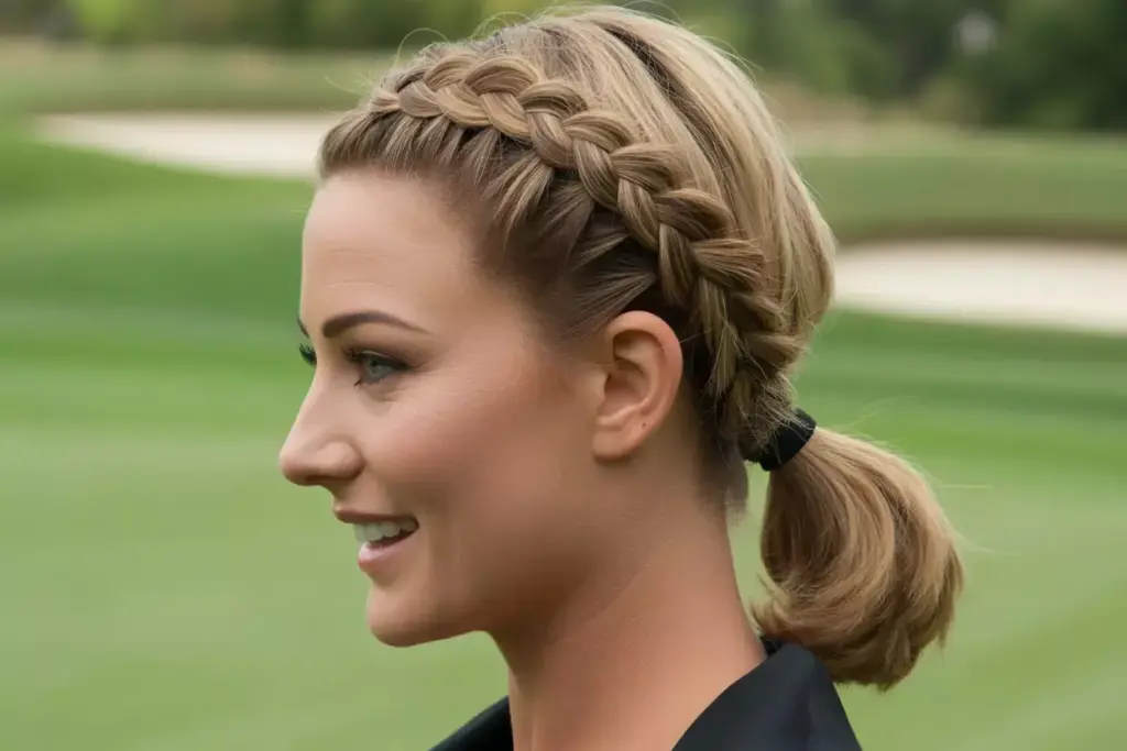 Braided crown detail into secure low ponytail