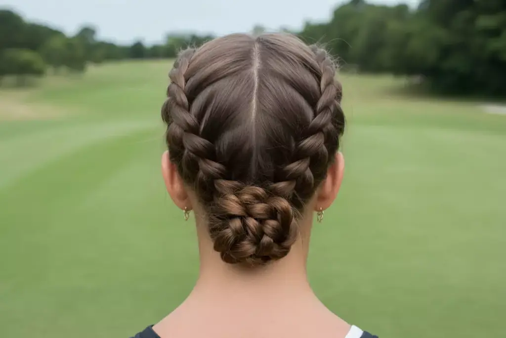 Double dutch braids twisted into low bun