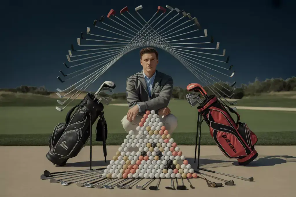 A Graduate Posed Before An Art Installation Made Of Arranged Golf Clubs And A Pyramid Of Colored Golf Balls