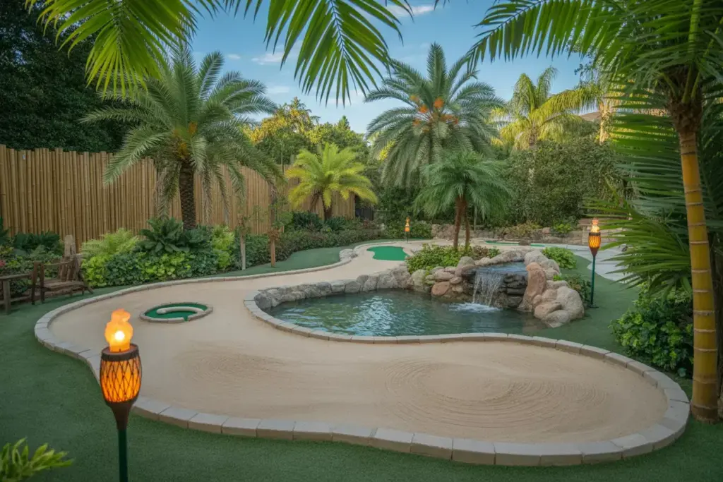 A Tropical Mini Golf Hole With A Sand Bunker Rock Waterfall And Palm Trees