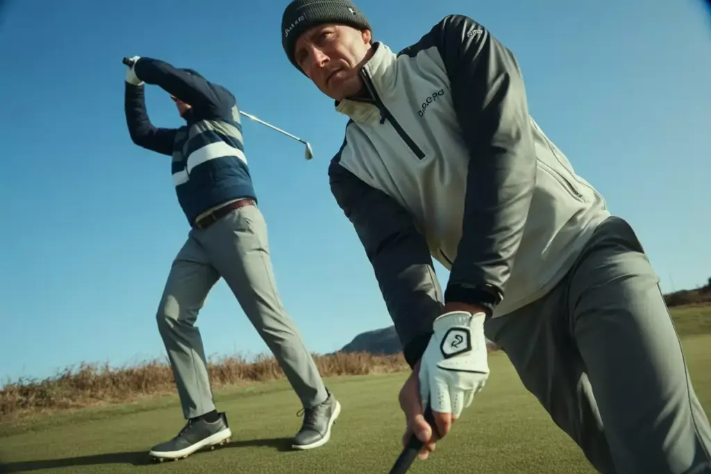 Athletic Performance Golfer In Tech Layers Mid Swing Action