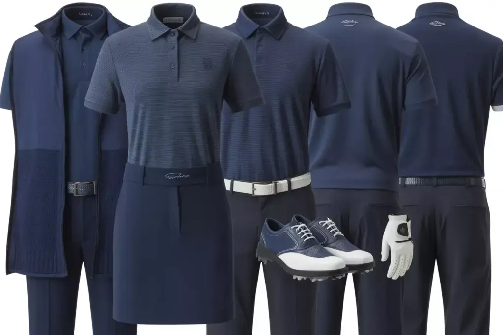 Navy monochrome outfit textured polo sheened skort vest