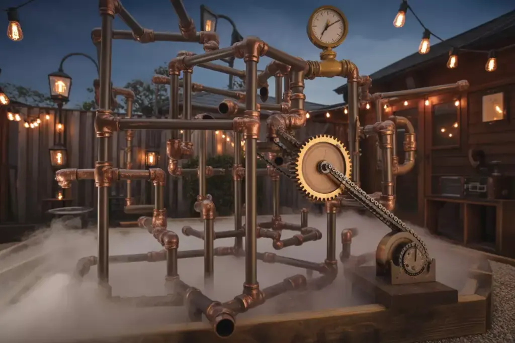 A Steampunk Mini Golf Obstacle With Copper Pipes Spinning Gears And Edison Bulb Lights