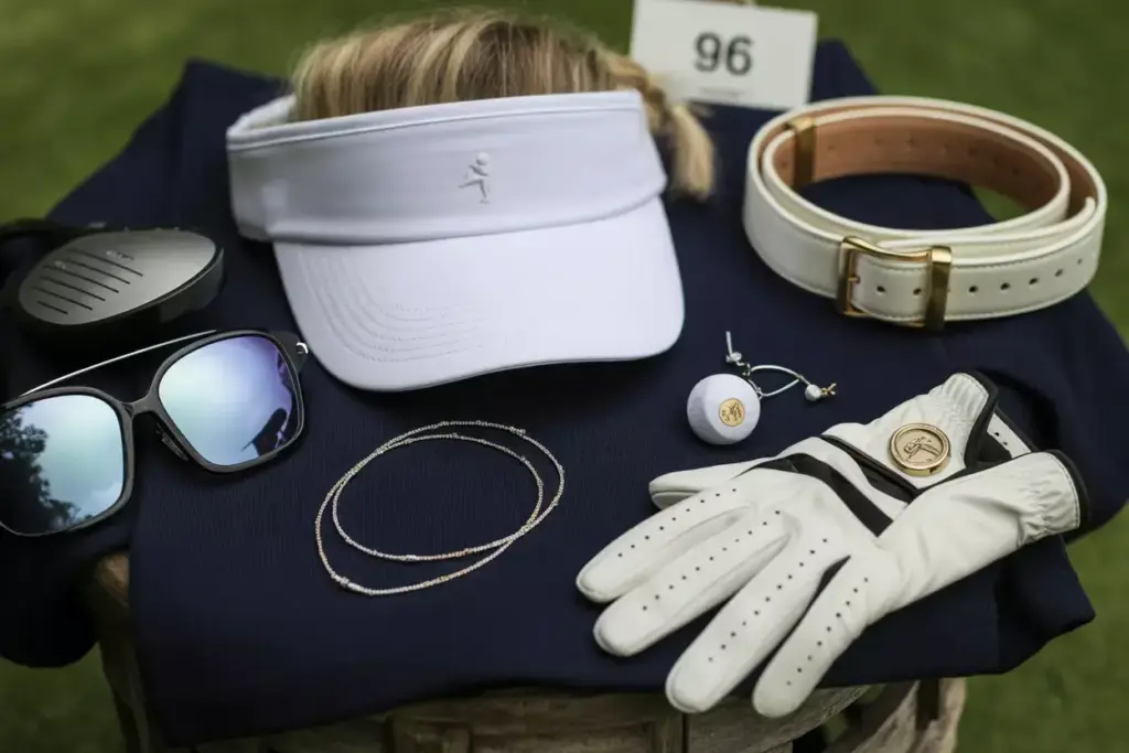 A Curated Collection Of Golf Accessories Including Visor Glove Belt And Sunglasses