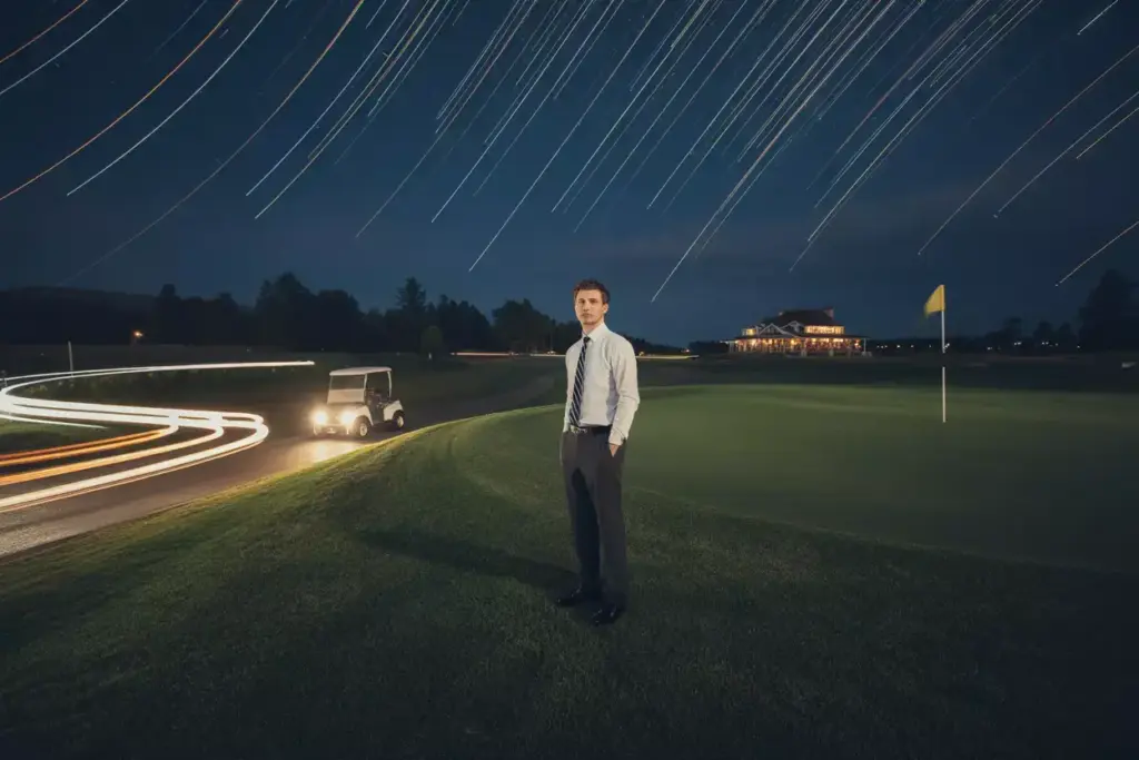 A Cinematic Night Portrait Of A Graduate On A Golf Course Lit By Strobes With Light Trails And Star Trails