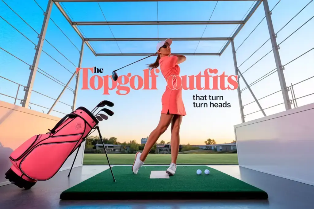 Modern woman swinging in coral dress at topgolf at sunset