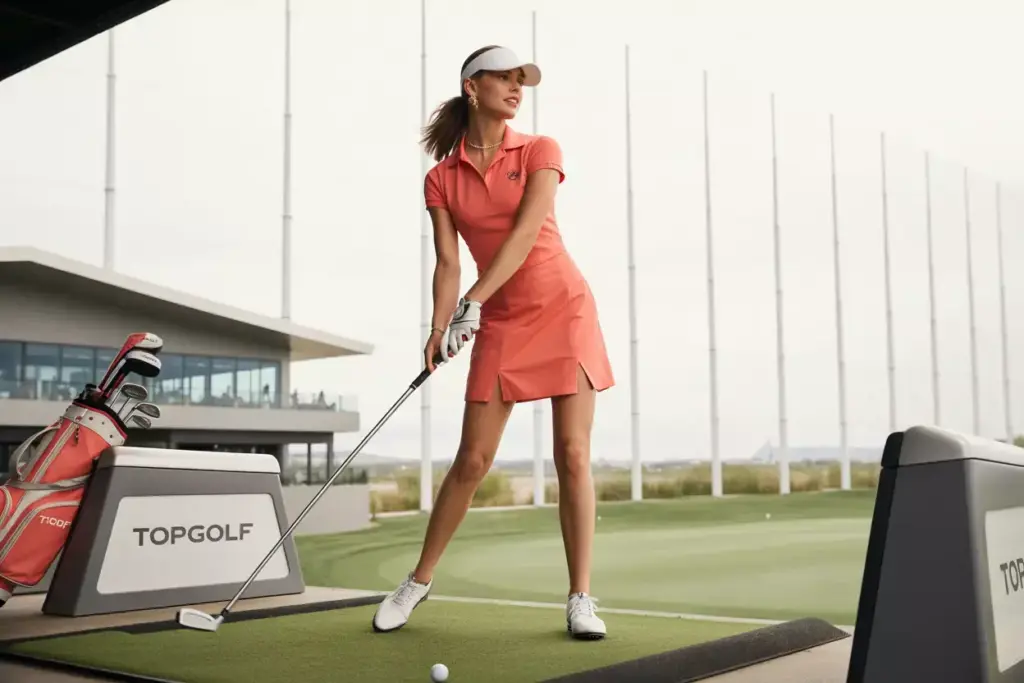 Woman in coral polo dress swinging at topgolf bay