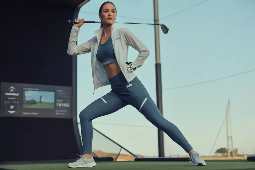 Athletic woman in navy leggings white jacket golf stance