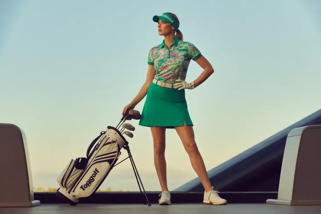 Confident woman in patterned skort and polo at topgolf