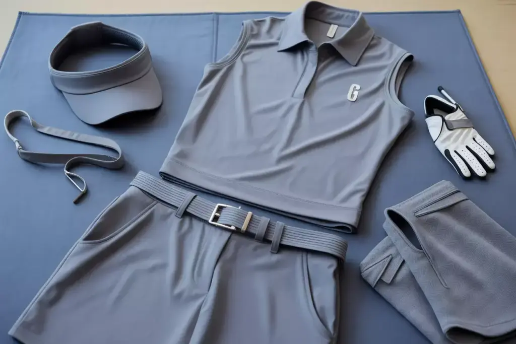 Monochromatic golf outfit flat lay top shorts shoes