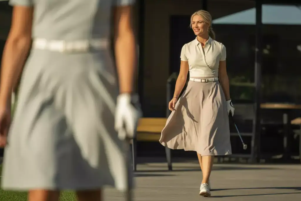 Elegant woman in midi length golf dress walking