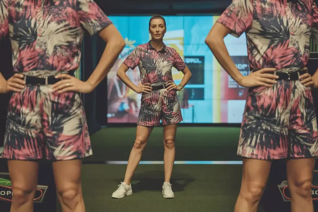 Bold print golf top with solid shorts at topgolf