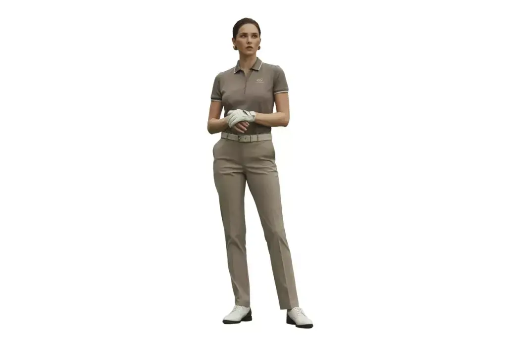 Woman in tailored trousers and structured polo on fairway