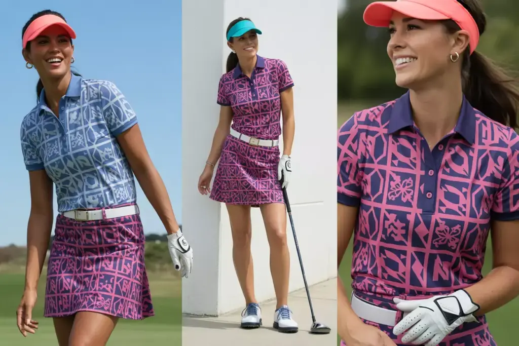 Woman in bold patterned skort and solid polo on sunny course