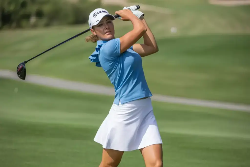 Athletic female golfer in fitted polo and a line skort mid swing