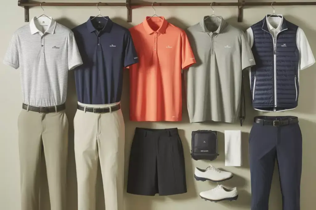 Flat lay of versatile golf wardrobe capsule with neutral basics