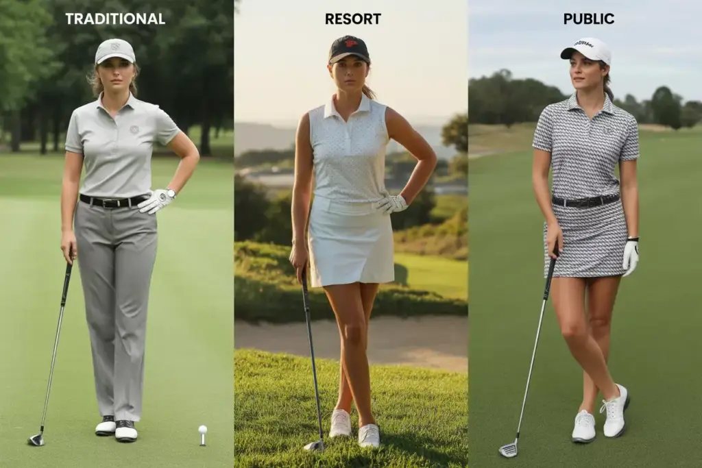 Three golfers showing dress codes for private resort public courses