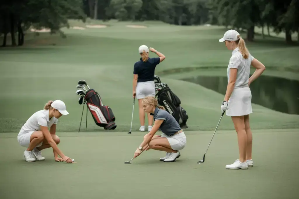 Beginner Golfers Demonstrating Green Etiquette And Strategic Shot Planning During Round