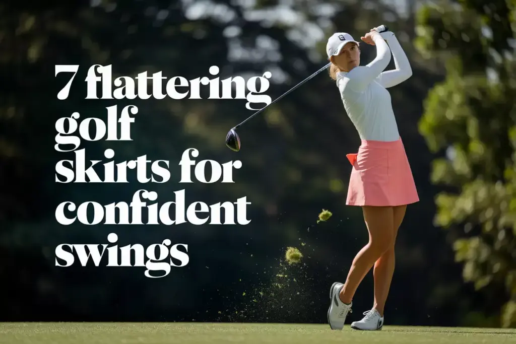 Confident female golfer in performance skirt executing backswing on sunlit fairway