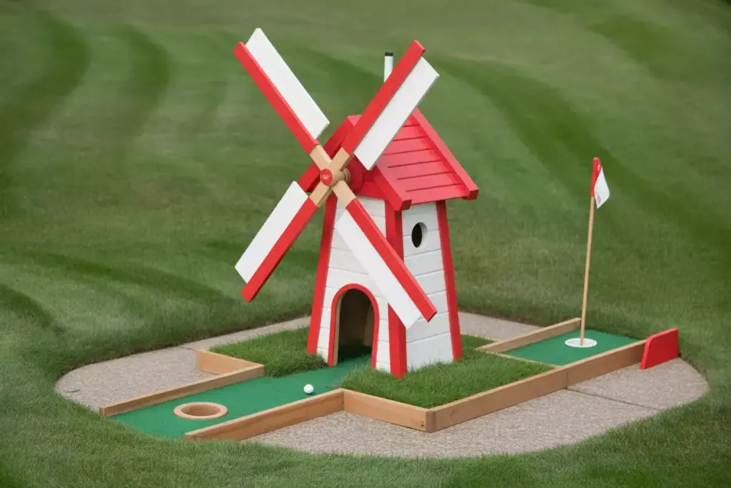 A Red And White Wooden Windmill Obstacle With Rotating Blades Over Artificial Turf In A Backyard