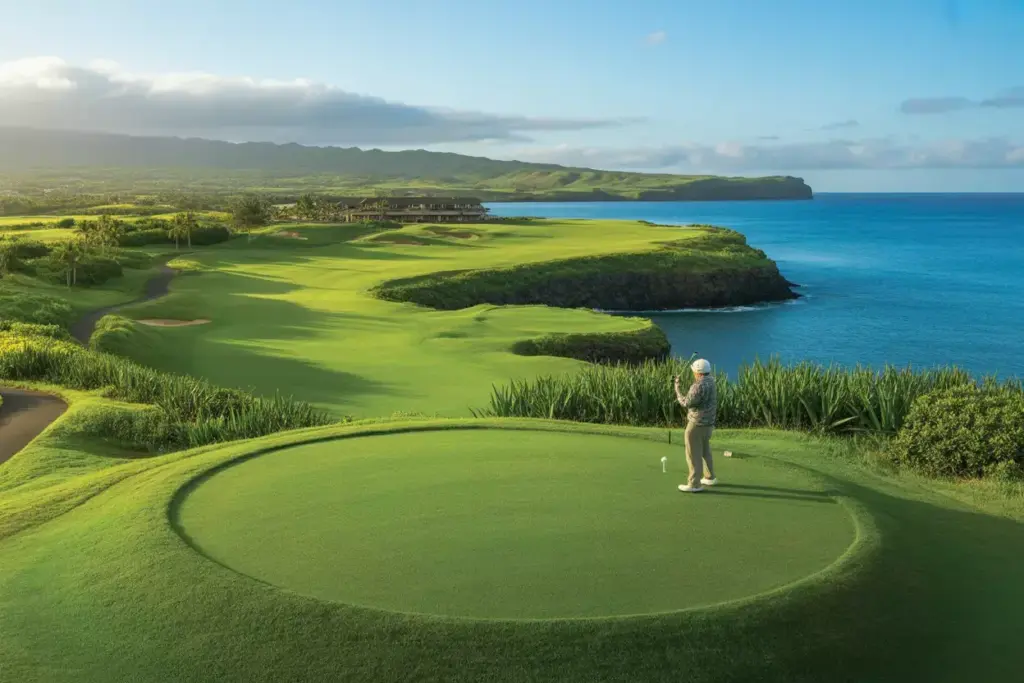 Aerial View Kapalua 18Th Hole Downhill Par 5 Pacific Ocean