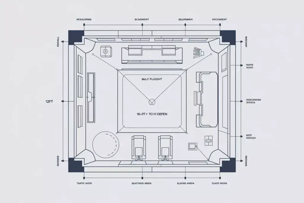 Detailed Architectural Floor Plan Blueprint For Home Golf Simulator Room Layout With Measurements Equipment Placement And Ventilation Symbols