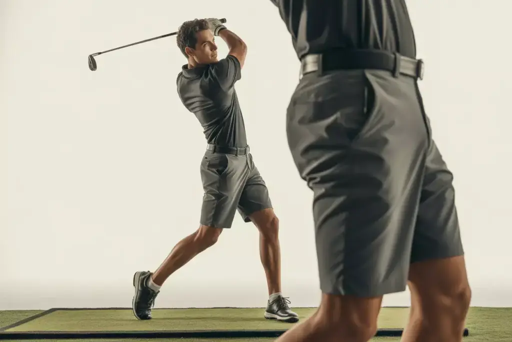 Performance Athletic Golf Shorts Mid Swing Studio Shot