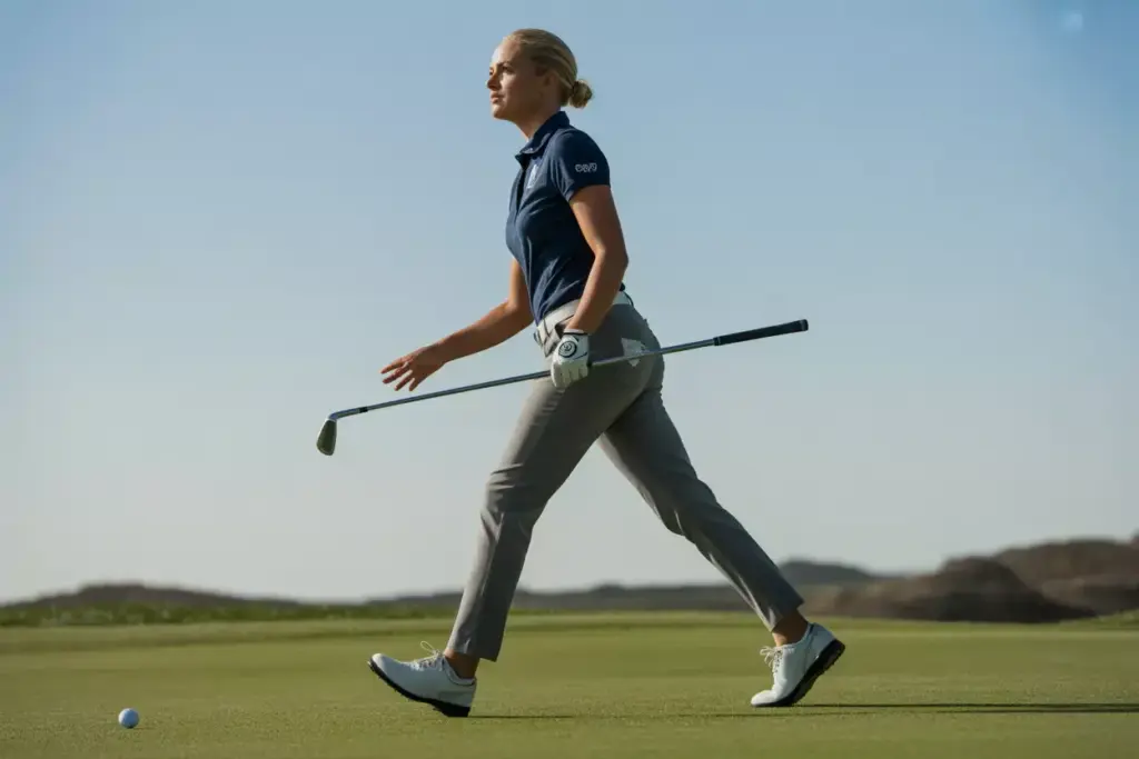 The Confident Approach A Female Golfer Walking With Purpose Upright Spine And Head High On A Sunlit Fairway Carrying Her Club With Authority