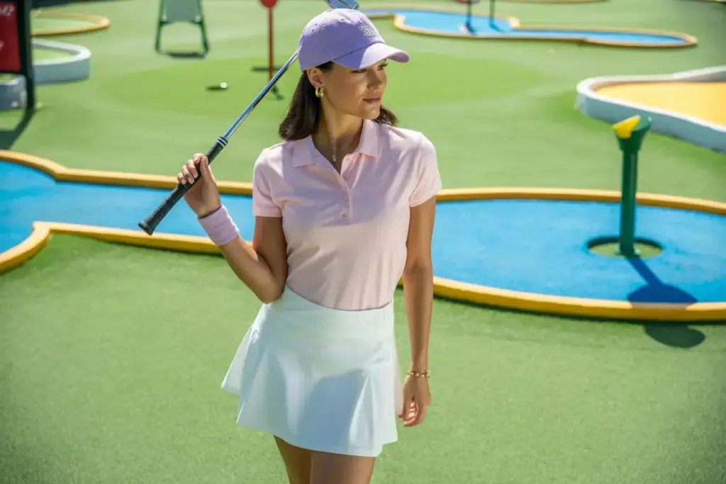 White tennis skirt pastel polo on colorful mini golf course